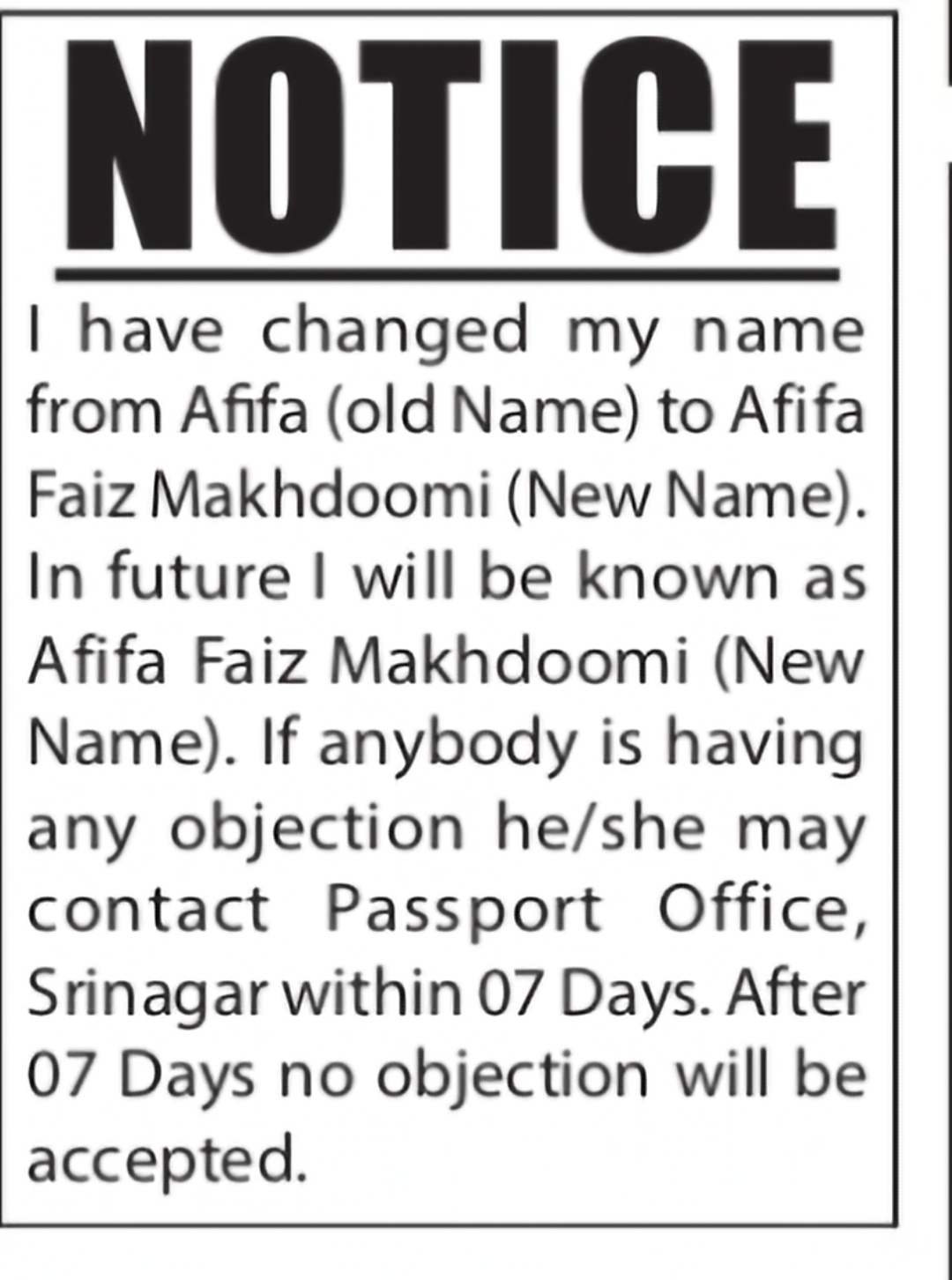 Change of Name – Afifa to Afifa Faiz Makhdoomi