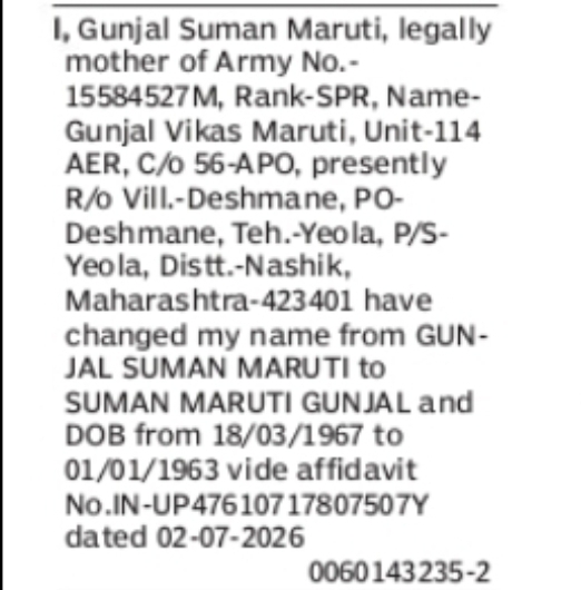 Change of Name and Date of Birth – Gunjal Suman Maruti to Suman Maruti Gunjal (Maharashtra)