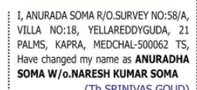 Change of Name — Anurada Soma to Anuradha Soma