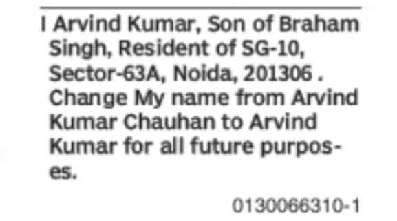 Change of Name: Arvind Kumar Chauhan to Arvind Kumar