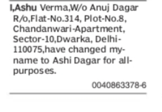 CHANGE OF NAME ASHU VERMA TO ASHI DAGAR
