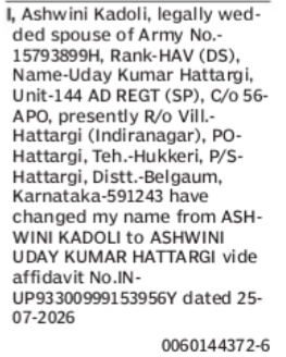 CHANGE OF NAME ASHWINI KADOLI TO ASHWINI UDAY KUMAR HATTARGI