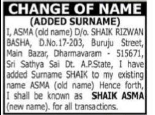 CHANGE OF NAME – ASMA TO SHAIK ASMA