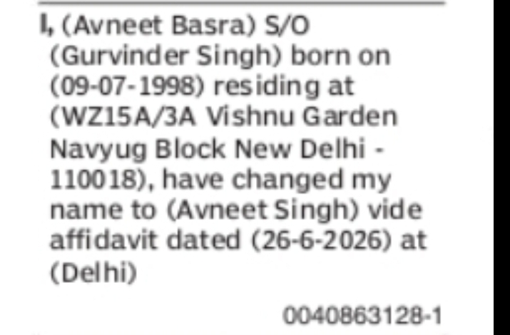CHANGE OF NAME AVNEET BASRA TO AVNEET SINGH