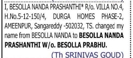 Change of Name – Besolla Nanda to Besolla Nanda Prashanthi