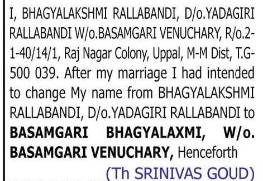 Change of Name – Bhagyalakshmi Rallabandi to Basamgari BhagyalaXmi