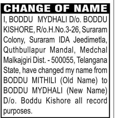 CHANGE OF NAME – BODDU MITHILI TO BODDU MYDHALI