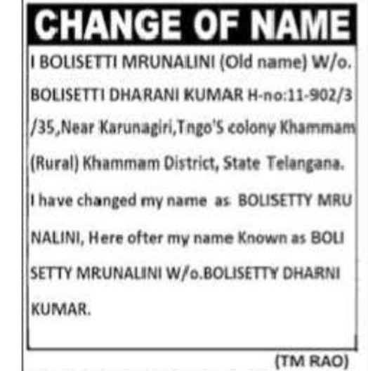 CHANGE OF NAME – BOLISETTI MRUNALINI TO BOLISETTY MRUNALINI