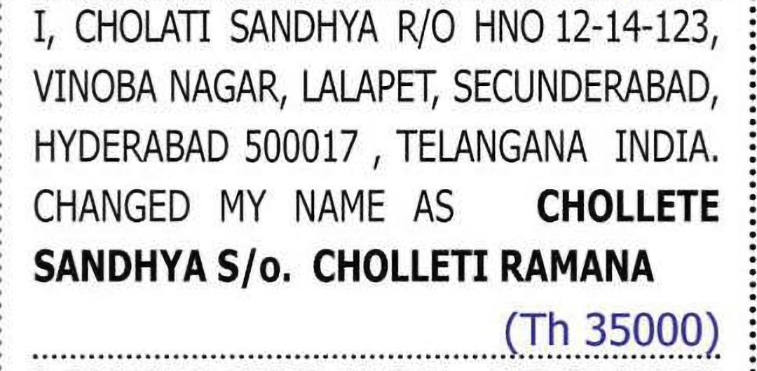 Change of Name: CHOLATI SANDHYA to CHOLLETE SANDHYA
