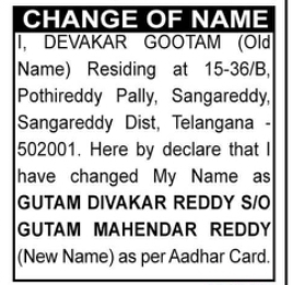Change of Name — Devakar Gootam to Gutam Divakar Reddy