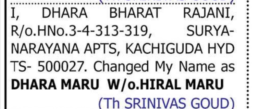 Change of Name — Dhara Bharat Rajani to Dhara Maru