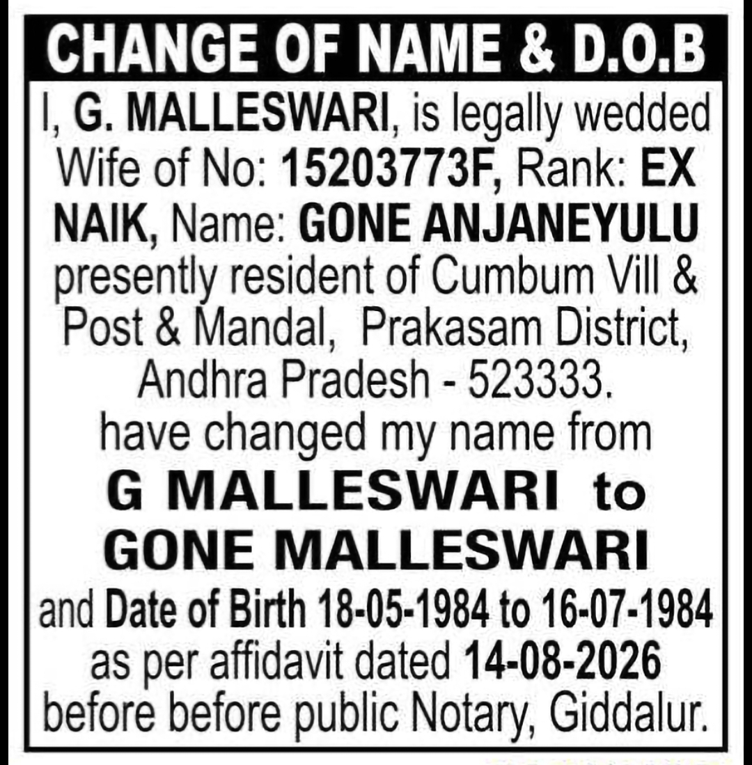 CHANGE OF NAME & D.O.B — G. MALLESWARI TO GONE MALLESWARI