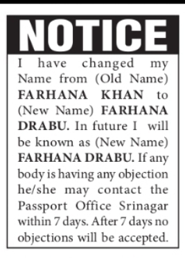 CHANGE OF NAME: FARHANA KHAN TO FARHANA DRABU