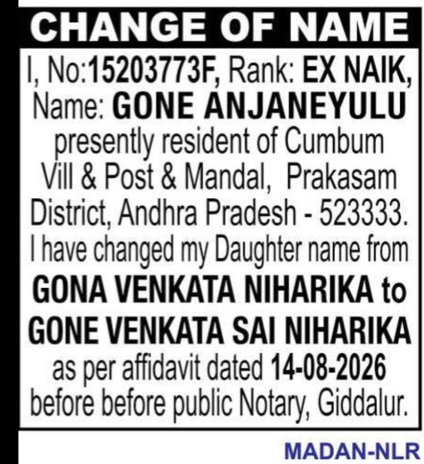 CHANGE OF NAME — GONA VENKATA NIHARIKA TO GONE VENKATA SAI NIHARIKA