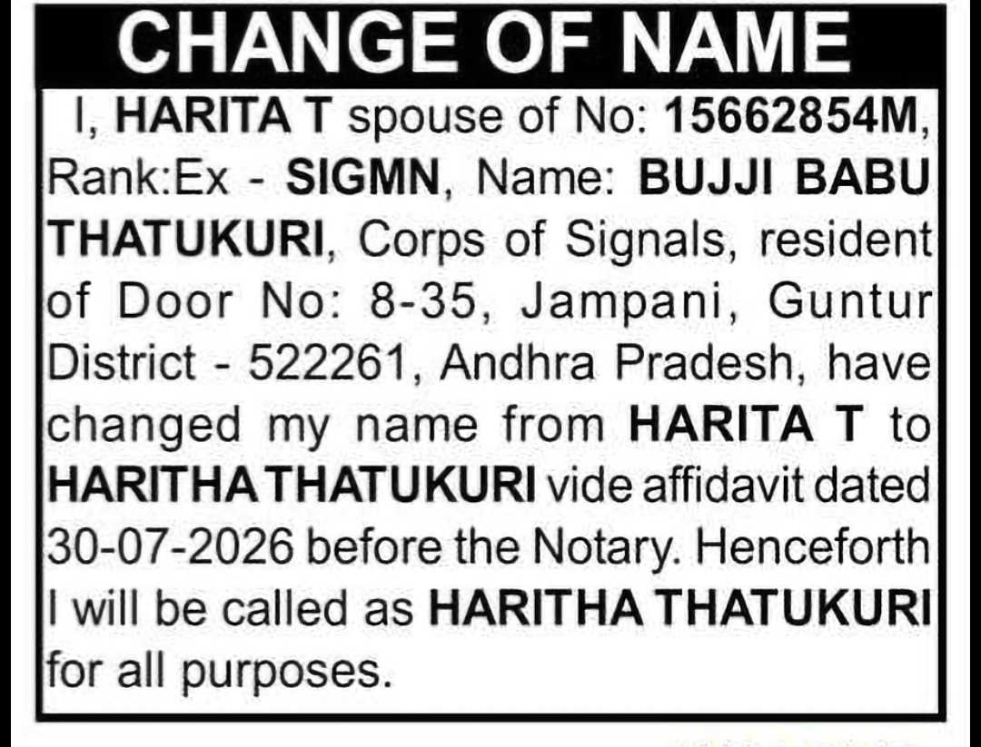 CHANGE OF NAME — HARITA T TO HARITHA THATUKURI