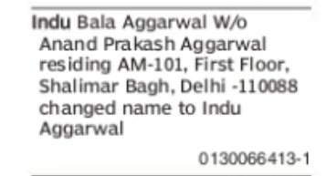 Change of Name Indu Bala Aggarwal to Indu Aggarwal