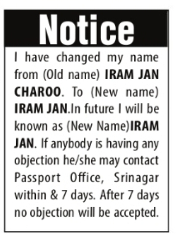 Change of Name: Iram Jan Charoo to Iram Jan