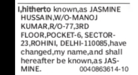 CHANGE OF NAME – JASMINE HUSSAIN TO JASMINE