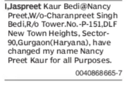 CHANGE OF NAME JASPREET KAUR BEDI / NANCY PREET TO NANCY PREET KAUR