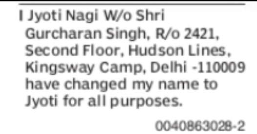 Change of Name Jyoti Nagi to Jyoti