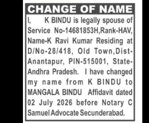 CHANGE OF NAME – K BINDU to MANGALA BINDU