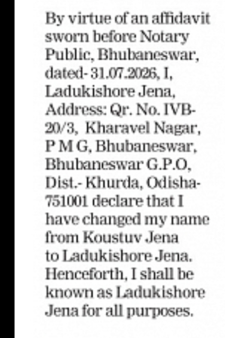 Change of Name: KOUSTUV JENA to LADUKISHORE JENA
