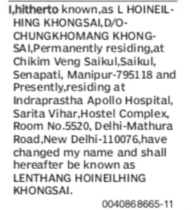 CHANGE OF NAME L HOINEILHING KHONGSAI TO LENTHANG HOINEILHING KHONGSAI
