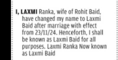 CHANGE OF NAME – LAXMI RANKA TO LAXMI BAID (After Marriage)