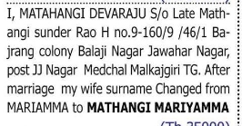 Change of Name – Mariamma to Mathangi Mariyamma