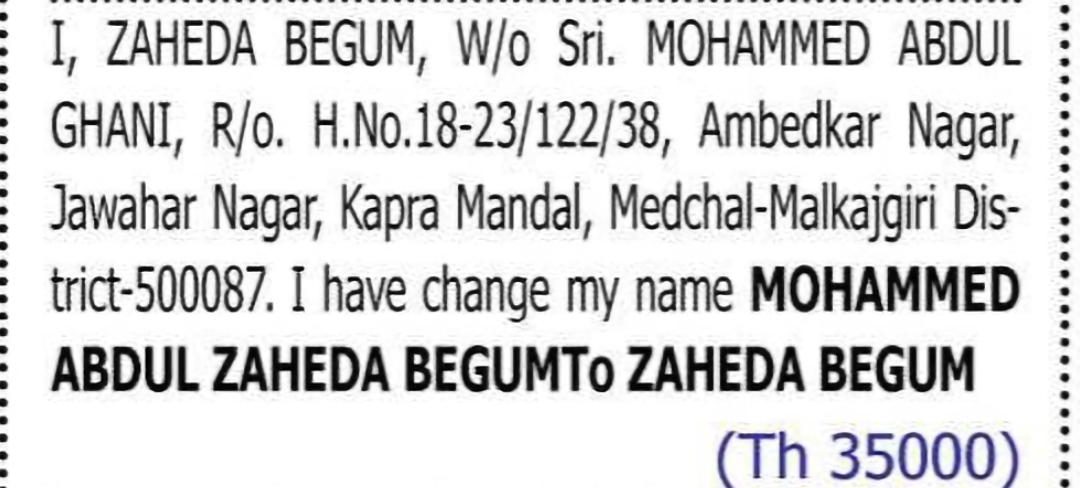 Change of Name – MOHAMMED ABDUL ZAHEDA BEGUM to ZAHEDA BEGUM