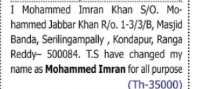 Change of Name — Mohammed Imran Khan to Mohammed Imran
