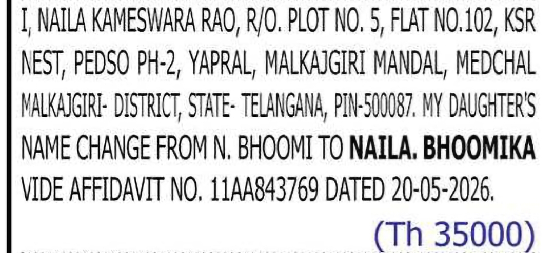 Change of Name: N. Bhoomi to Naila Bhoomika