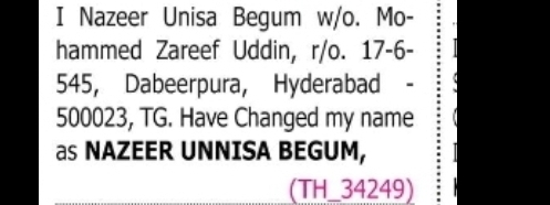 CHANGE OF NAME NAZEER UNISA BEGUM TO NAZEER UNNISA BEGUM
