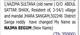 Change of Name – Nazima Sultana to Najma Begum