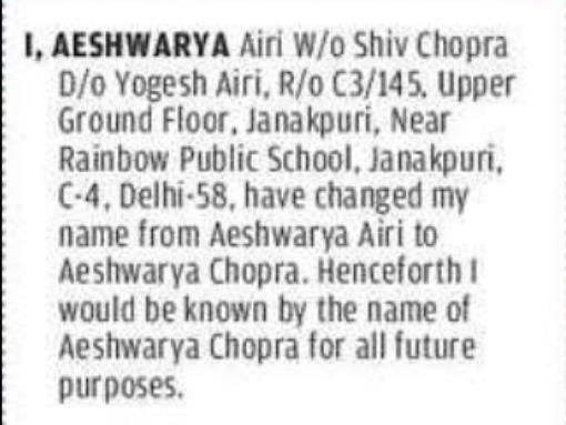 CHANGE OF NAME NOTICE – Aeshwarya Airi