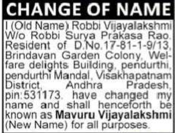 Change of Name Notice – Robbi Vijayalakshmi to Mayuru Vijayalakshmi