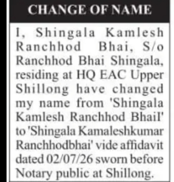 Change of Name Notice – Shingala Kamaleshkumar Ranchhodbhai