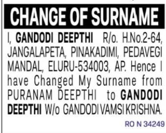 CHANGE OF NAME PURANAM DEEPTHI TO GANDODI DEEPTHI