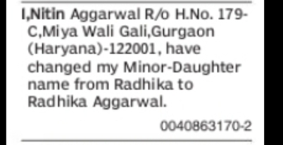 CHANGE OF NAME RADHIKA TO RADHIKA AGGARWAL