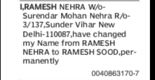 CHANGE OF NAME RAMESH NEHRA TO RAMESH SOOD