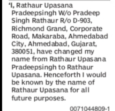 CHANGE OF NAME RATHAUR UPASANA PRADEEPSINGH TO RATHAUR UPASANA