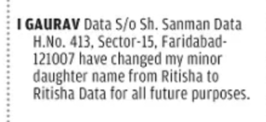 CHANGE OF NAME – RITISHA TO RITISHA DATA