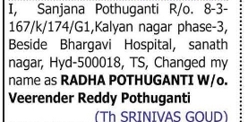 Change of Name – Sanjana Pothuganti to Radha Pothuganti