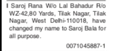 CHANGE OF NAME – SAROJ RANA TO SAROJ BALA