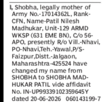 CHANGE OF NAME SHOBHA TO SHOBHA MADHUKAR PATIL