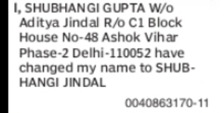CHANGE OF NAME – SHUBHANGI GUPTA TO SHUBHANGI JINDAL