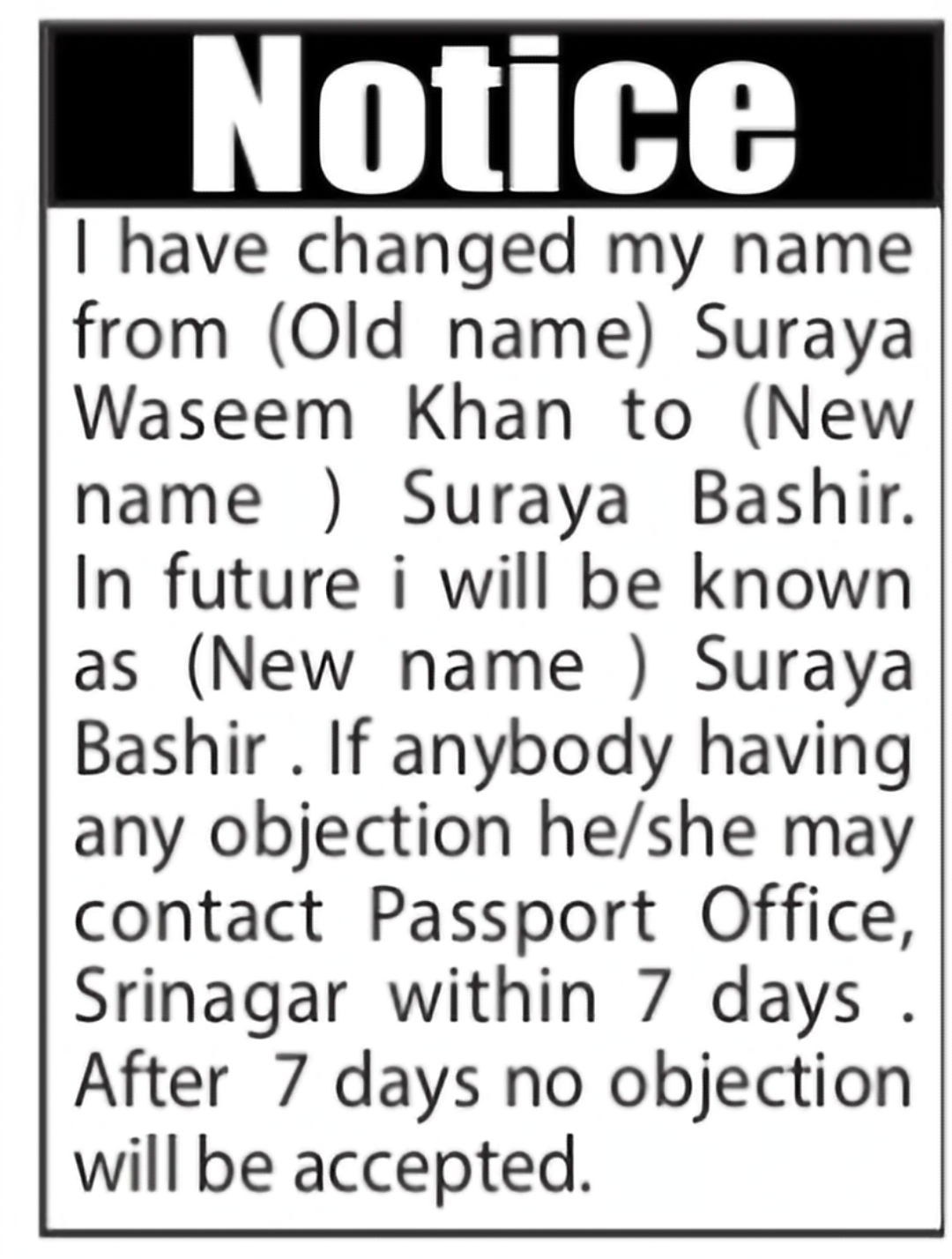 Change of Name – Suraya Waseem Khan to Suraya Bashir