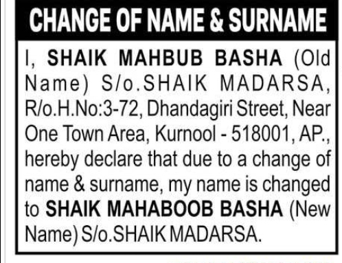 CHANGE OF NAME & SURNAME SHAIK MAHABOOB BASHA TO SHAIK MAHABOOB BASHA