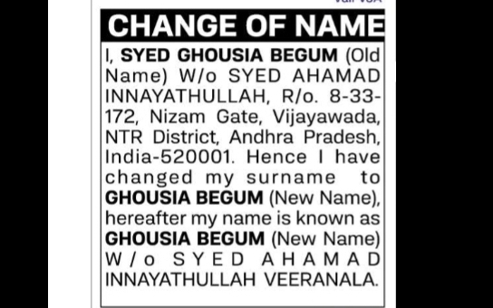 Change of Name – SYED GHOUSIA BEGUM to GHOUSIA BEGUM