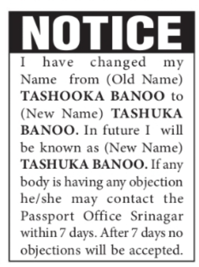 CHANGE OF NAME: TASHOOKA BANOO TO TASHUKA BANOO